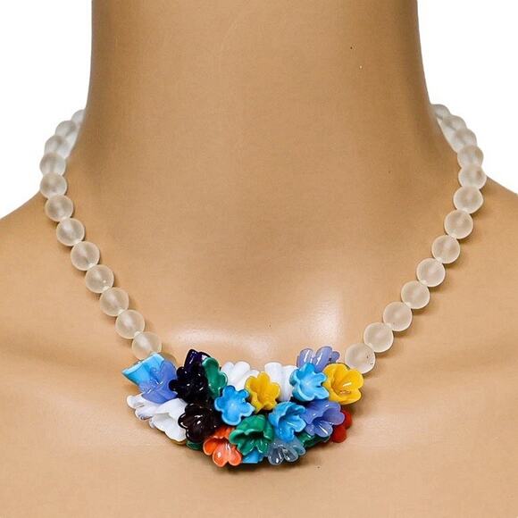 Vintage Rock Crystal & Glass Flower Cluster Necklace Czech Art Glass Beads 40s - Picture 1 of 5